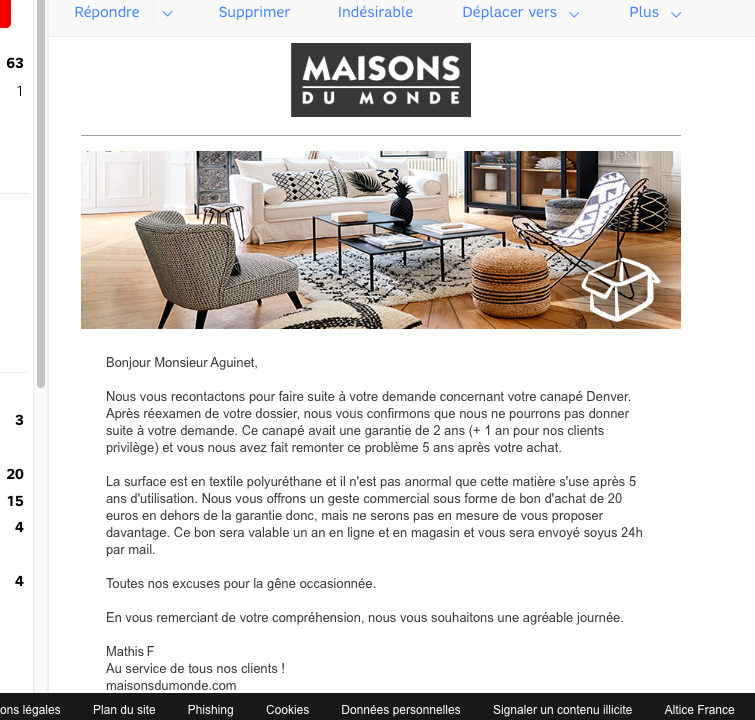AguinetFranck's tweet photo. Suite a mes réclamations concernant leur canapé Denver. #MaisonsduMonde m'a bloqué sur Facebook, Twitter, Après 6 mois d'attente 20 € m'ont été offert. Car pour eux il est normal qu'un canapé se dégrade au bout de 5 ans ! En vrai 3 ans ! #MDM_FR #MDM_ES #MDM_EN #mymdm #MDM_IT https://t.co/0NqpFy0XPy