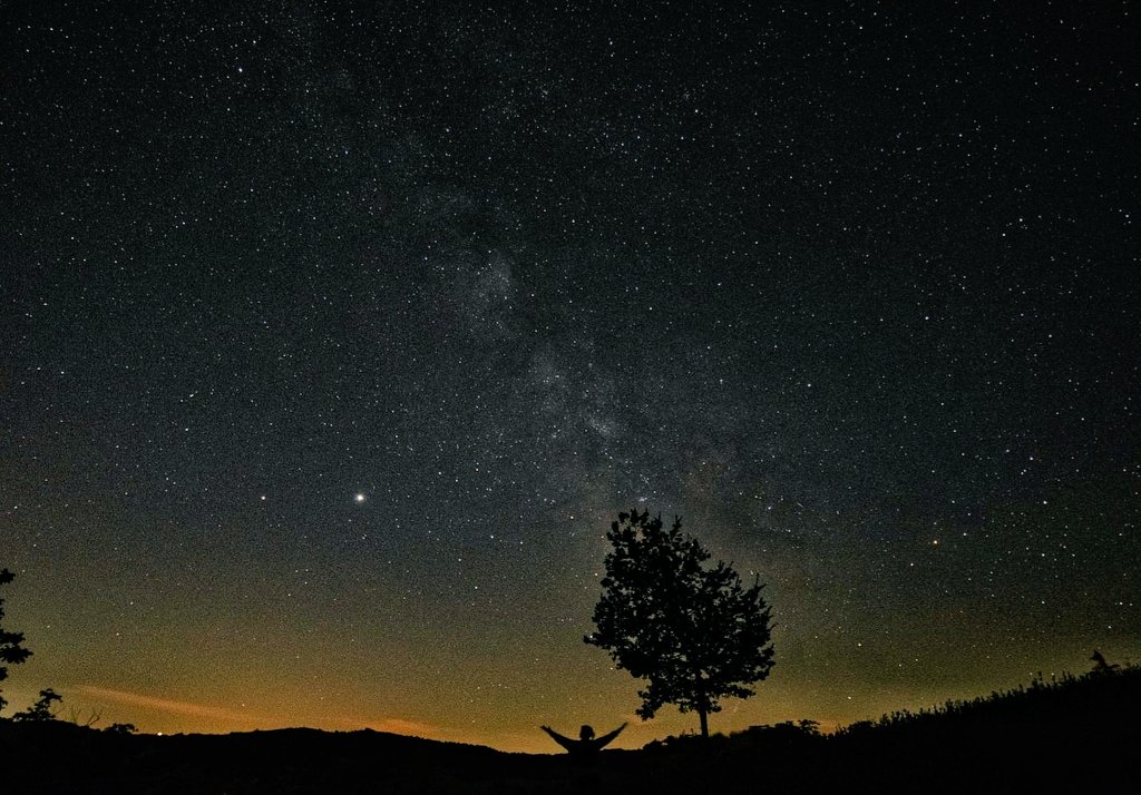 Ally60939187's tweet photo. "Ammirare il cielo rende possibile guardare oltr perché avrai una visione più aperta della vita . Smetti di guardarti le scarpe e alza quel naso"!!!! 🌌💜 foto della via lattea da casa mia e quella sagomina sono io 💜🌌 https://t.co/ZPmPBgsFZ7