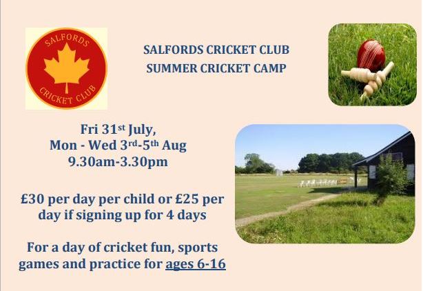 SalfordsCC's tweet photo. Calling all junior cricketers age 6-16! We're running our popular #cricket camp again this summer. Dates are 31st July &amp; 3rd-5th Aug. Places are filling up fast, so book today to secure your child’s place. To find out more and book email salfordscricketclub@gmail.com
🏏😀😎💪🏻 https://t.co/jDHtkR4eL9