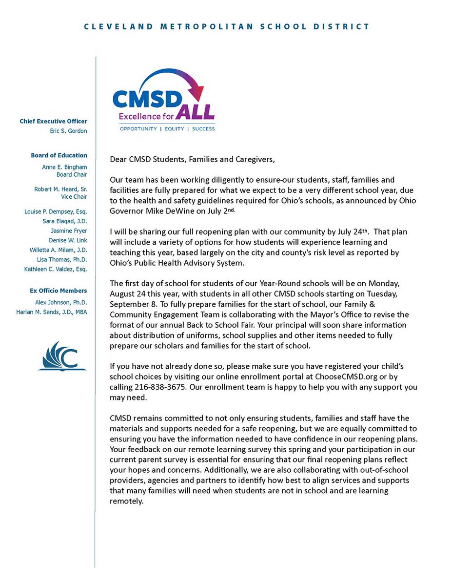 cis_explorers's tweet photo. Update from @EricGordon_CEO about school start date. Full reopening plan will be released by July 24th. @CLEMetroSchools https://t.co/8y2CTJ4KKo