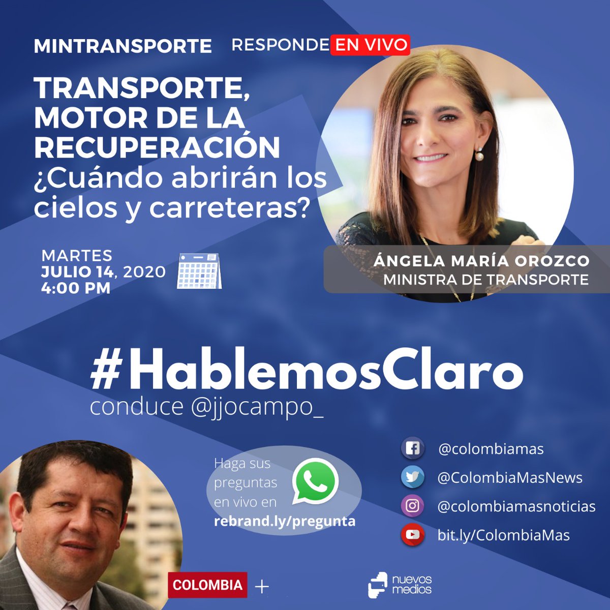 jjocampo_'s tweet photo. Hoy  #HablemoClaro con @MinTransporteCo sobre avances de reapertura del sector, motor de la recuperación, empleo y apoyos a empresas #EnVivo 4pm https://t.co/isUxItVhKk
