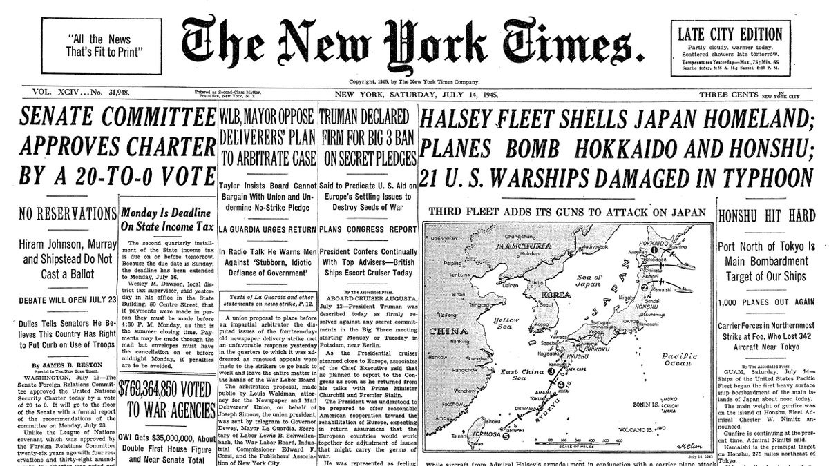 July 14,1945: Halsey Fleet Shells Japan Homeland; Planes Bomb Hokkaido and Honshu; 21 U.S. Warships Damaged in Typhoon  https://nyti.ms/38VwDbb 