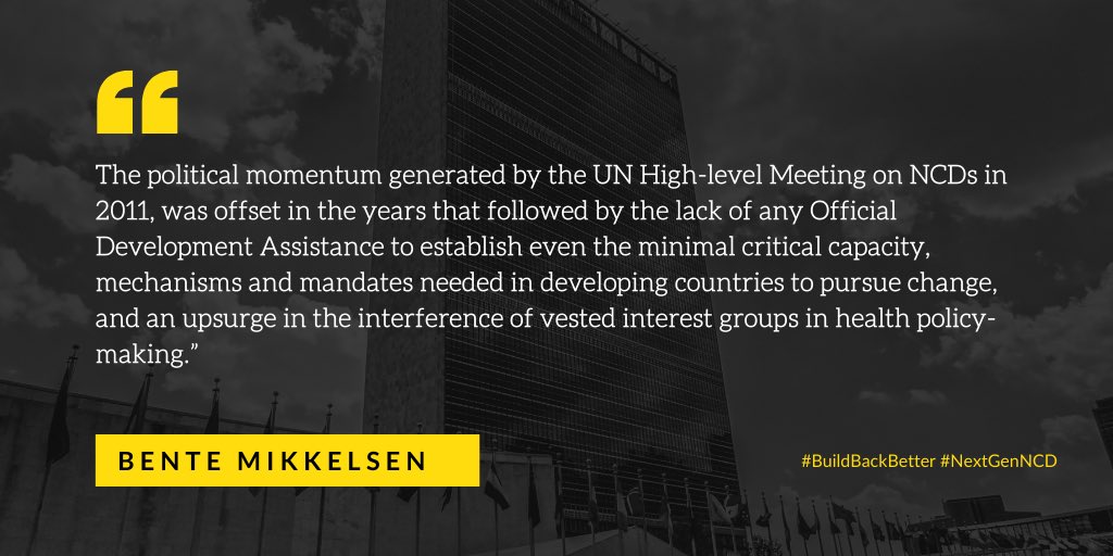 MikkelsenBente_'s tweet photo. 2000-2010: Rapid progress in reducing NCDs around the world
2010-2020: Progress on hold, despite three #HLMs.
Why?
1. No #ODA to build minimum critical capacity in #LMICs
2. Interest groups promoting economic, trade &amp; commercial interest goals jumped into vaccum to provide advice https://t.co/u8A4TCk20I