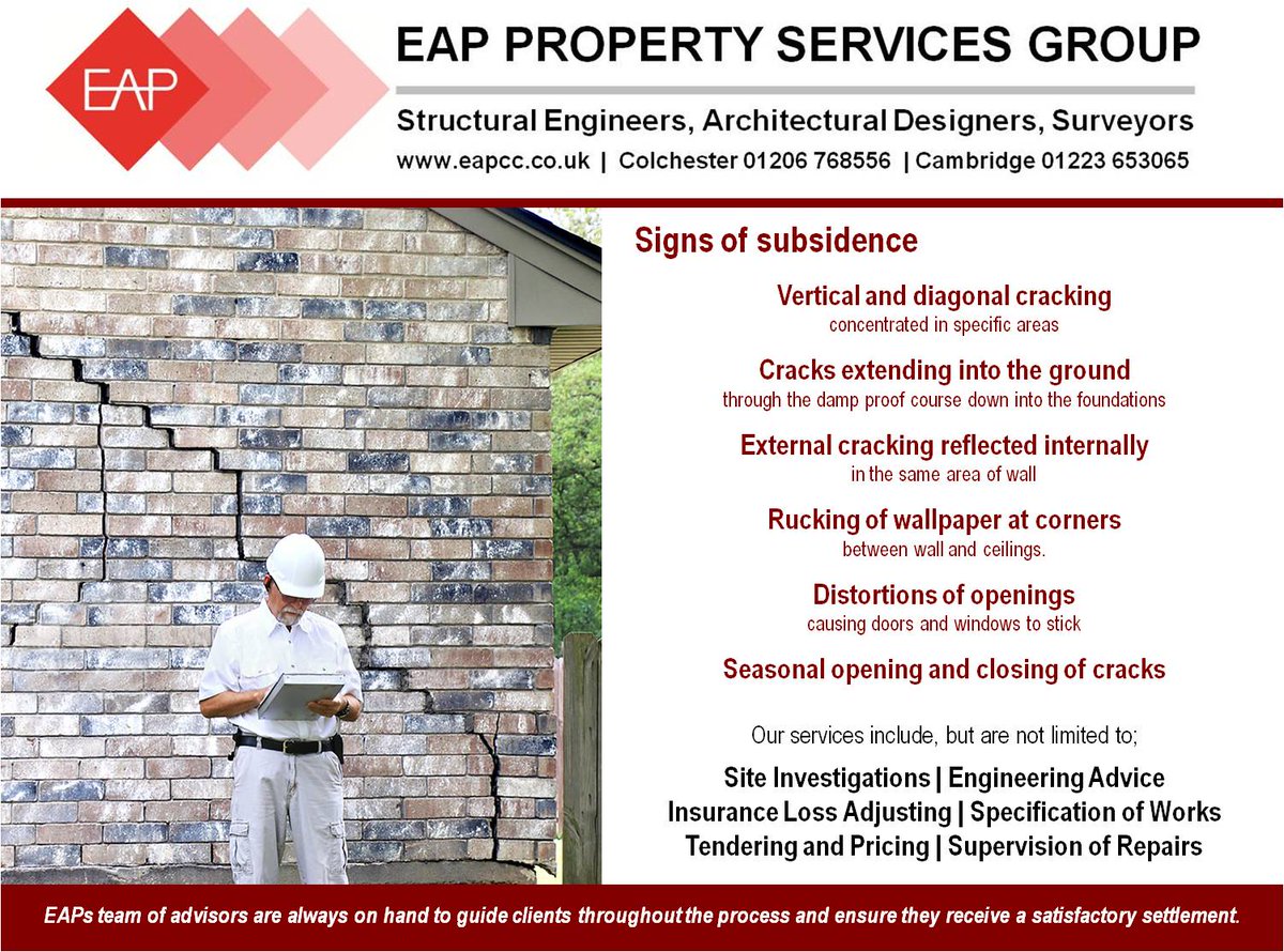 EAPservices's tweet photo. Subsidence occurs when differential movement in the ground causes movement of the building foundations. It can cause serious damage to property often in the form of cracks. Visit https://t.co/M68xgQWvVm for more information.
#subsidence #structuralengineering #structuralengineers https://t.co/l1n3KhkMcm