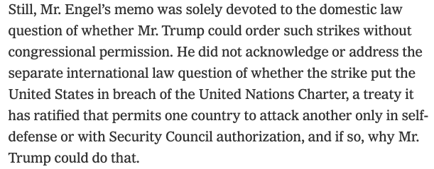 Engel's reasoning was that as a matter of domestic law, Trump could unilaterally attack another country if he decided that doing so was in the national interest. Whatever the merits of this, Engel was silent on the separate international law question. /6  https://www.nytimes.com/2018/06/01/us/politics/trump-war-powers-syria-congress.html
