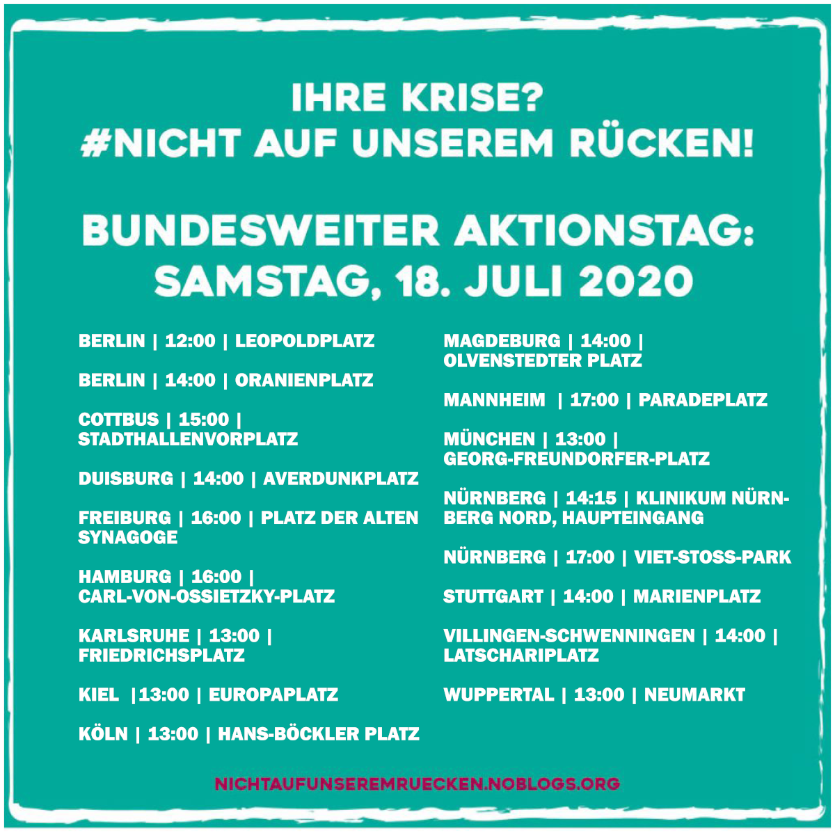 solinetzbund's tweet photo. Wow schon über 15 Städte, die beim bundesweiten Aktionstag #NichtaufunseremRücken am kommenden Samstag mitmachen!

Lasst uns gemeinsam eine Bewegung gegen die #Wirtschaftskrise aufbauen!

@SKlassenkampf @unverwertbar @zukunft_erkmpfn @Interjugend @redsideNBG https://t.co/UuJitKeaqk