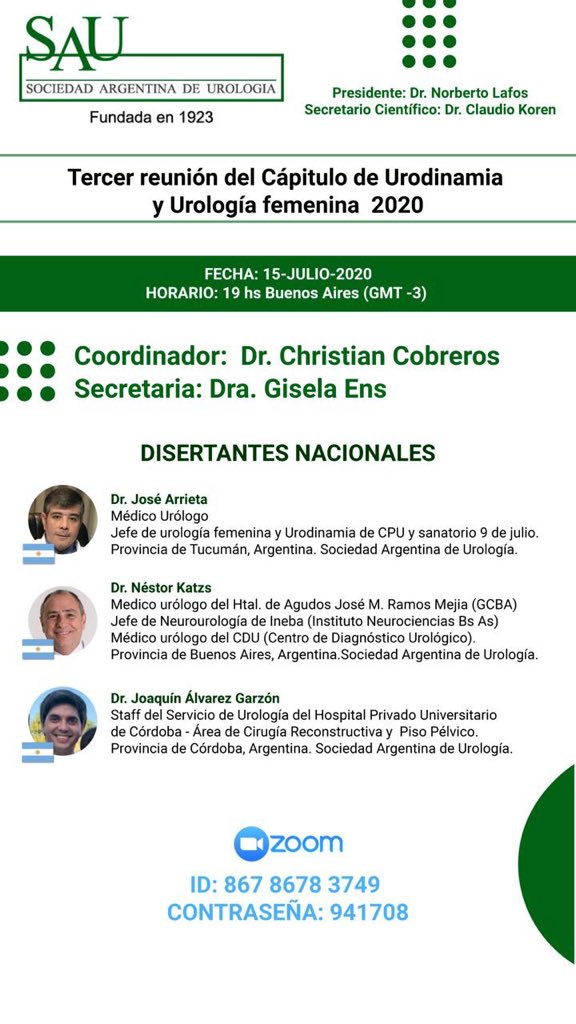 SauUrologia's tweet photo. ‼️ALERTA MAÑANA‼️📡3ª Reunión del Capítulo de Urodinamia y Urología Femenina SAU 🗓Miércoles 15 de Julio🕰19 hs (UTC-3 Buenos Aires) @docmeetings @CAU_URO @ResidentesCAU @uro_som Programa 👇 https://t.co/qGXQuWiJwh