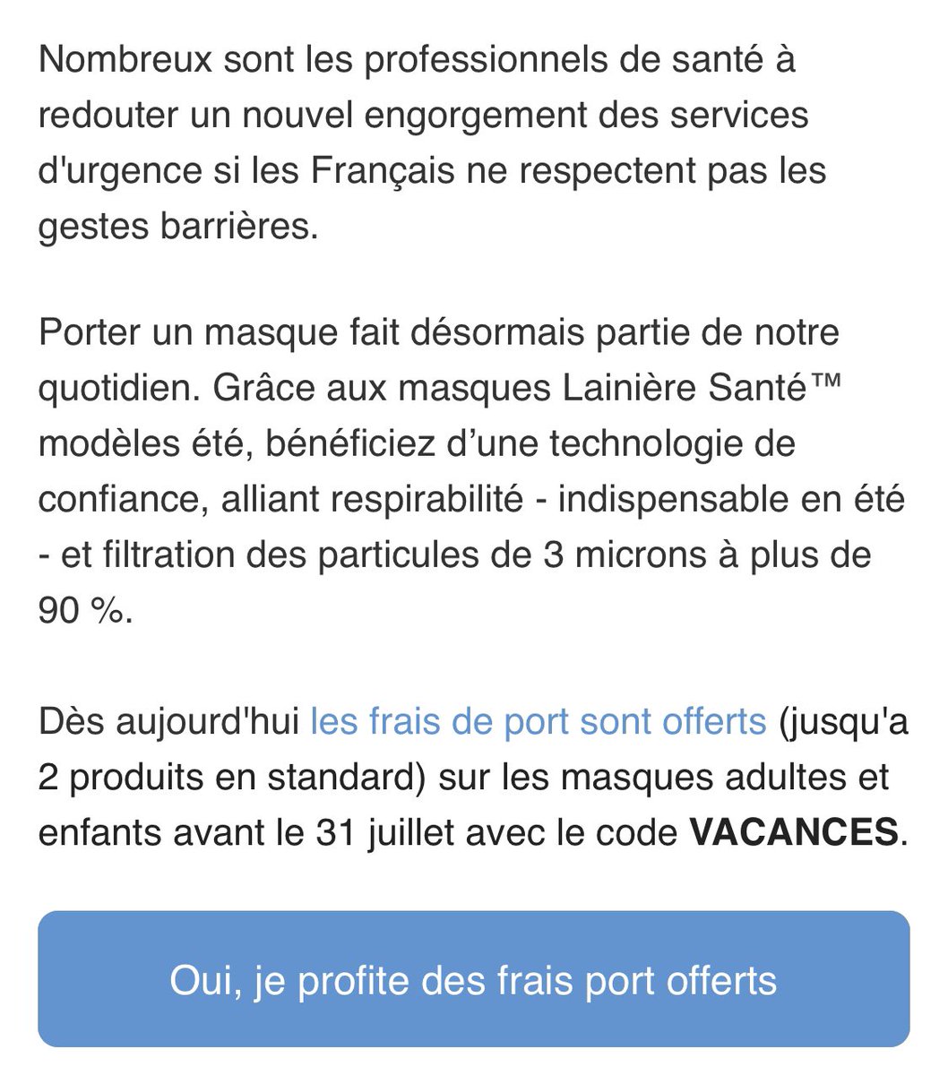 ShelbyTrading's tweet photo. #Chargeurs
Mail reçu à l’instant.
Frais de port offert pour l’achat de 2 produits de la gamme avec le code VACANCES sur le site @LainiereSante.
#COVID19 #masques #Lainiere #masquesObligatoires #distanciationsociale #deconfinement https://t.co/nabgGUuzSz