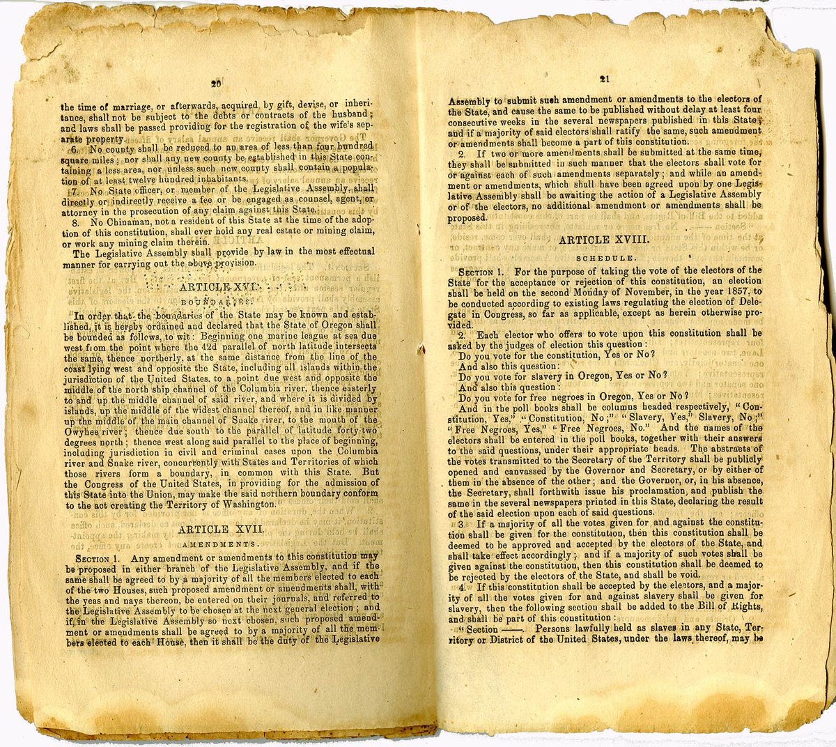 When the state was accepted into the union in 1859, the exclusion was codified in Oregon’s Constitution.