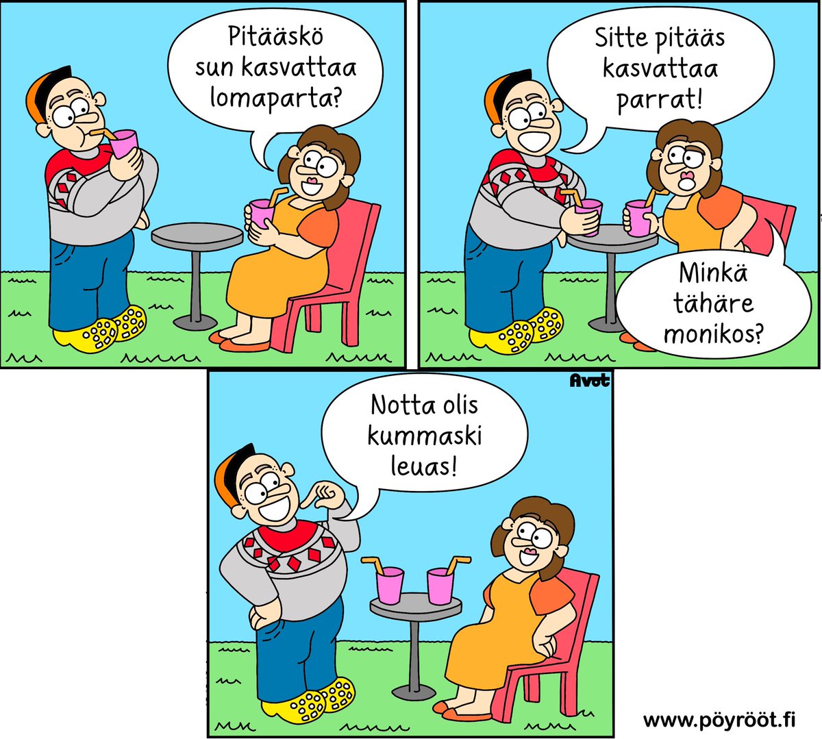Poyroot's tweet photo. Saisko sitte lomanki tuplana? ☀️#pöyrööt #sarjakuva ♦️Pöyrööt-kirjat ja -tuattehet: https://t.co/TUPVeUV3mO https://t.co/OMTIjKqnYP