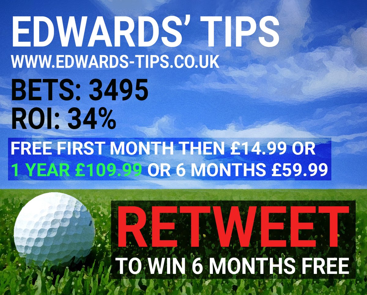 Edwards' Tips profit 34% ROI over 3495 bets! Golf and Snooker tips! 
Retweet before August to win a 🎉 FREE 6 MONTHS 🎉 worth £159.99!
#Retweet #Golf #Snooker #Tipster #Profit #Win #Betting #Free #MemorialTournament #EuramBankOpen #KornFerryTour #SanAntonio #WorldSnooker