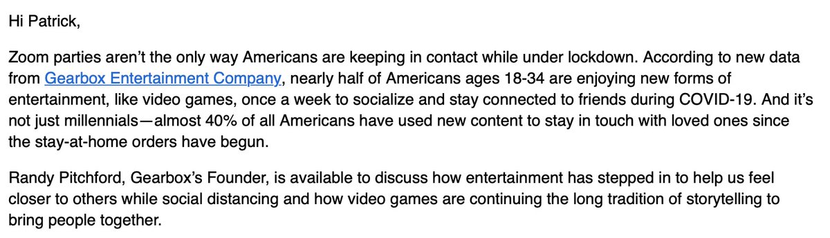 One of the strangest PR pitches I’ve been sent lately are these constant and unending quotes from Randy Pitchford about completely random topics.