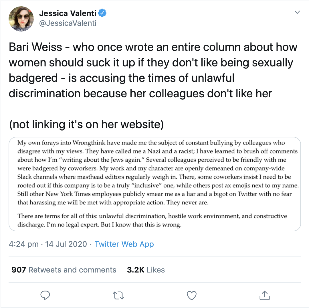 You can think Bari Weiss' ideas are wrong. You can think she's not a very nice person. But guess what, you argue those ideas or you ignore them/her entirely. What you don't do is gang up like a bunch of schoolkids to use work social media channels to bully her.This Left is trash