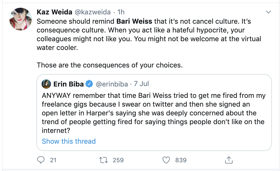 You can think Bari Weiss' ideas are wrong. You can think she's not a very nice person. But guess what, you argue those ideas or you ignore them/her entirely. What you don't do is gang up like a bunch of schoolkids to use work social media channels to bully her.This Left is trash