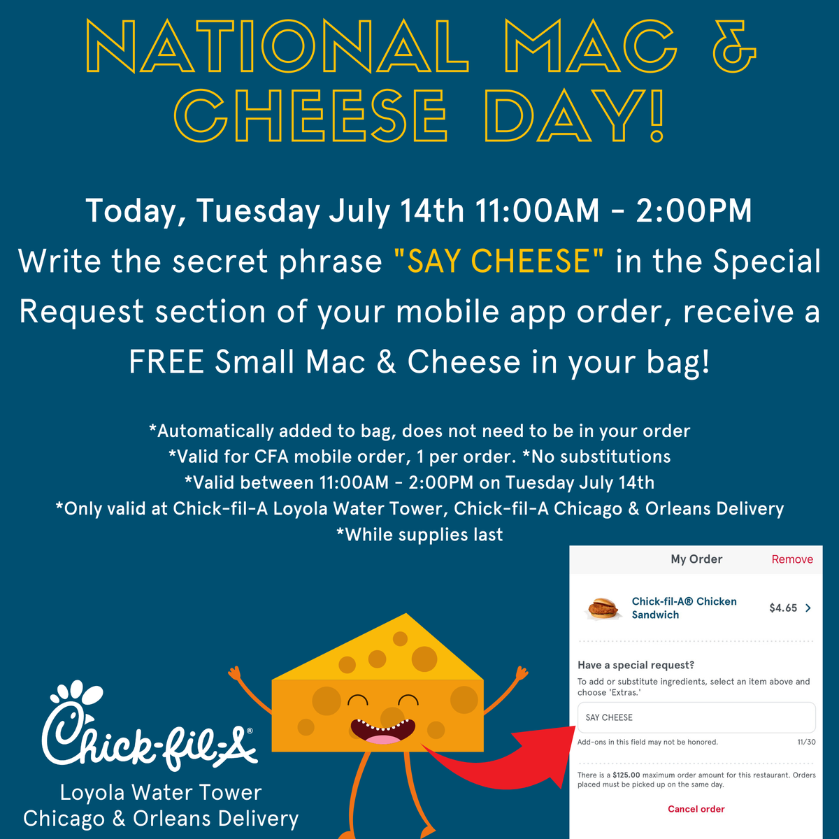 chickfilachi's tweet photo. Happy National Mac &amp; Cheese Day!🧀🥣
We have a SECRET today to celebrate...🥳
. . . 
#chickfilachicago #NationalMacAndCheeseDay https://t.co/0gX9dXCAoS