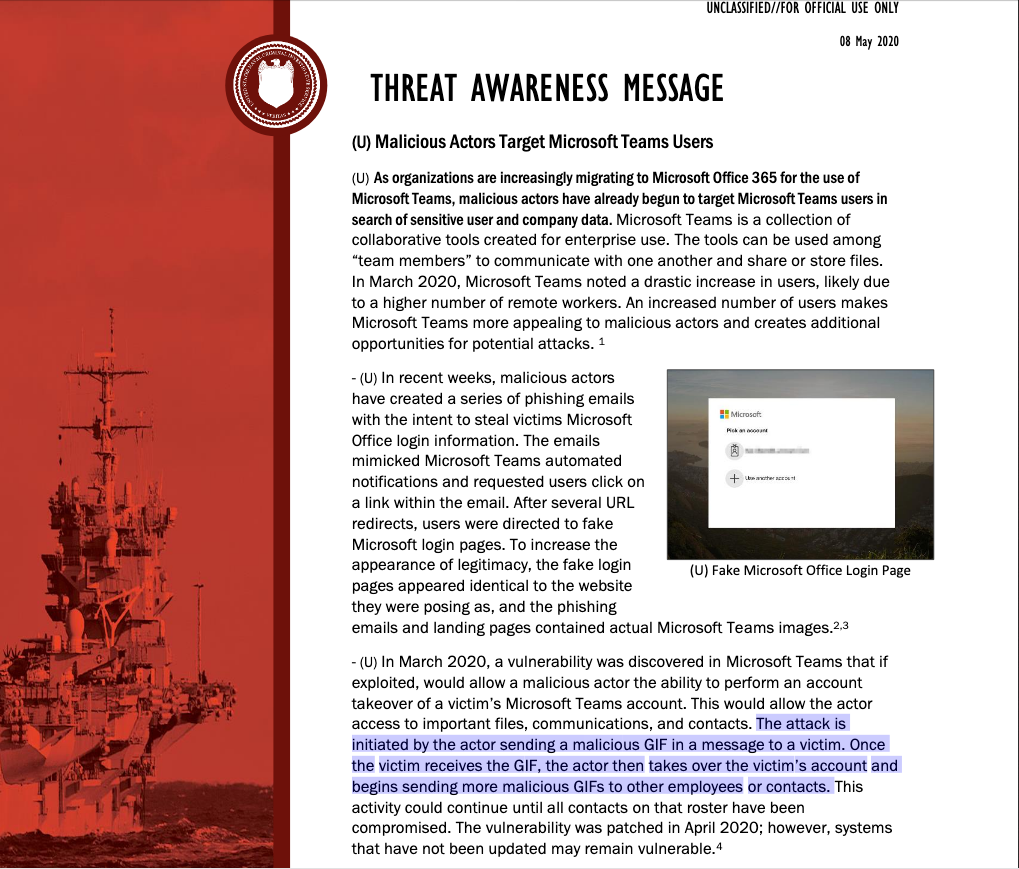 Here is the Navy's Multiple Threat Alert Center warning in May that Microsoft Teams was vulnerable to a GIF-led takeover.  #BlueLeaks