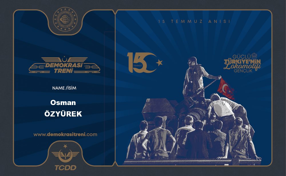 Ben de Demokrasi Treni’nde yerimi aldım. Sizler de demokrasitreni.com adresinden yerinizi ayırtabilir ve anı biletinizi oluşturabilirsiniz..
#DemokrasiTreni