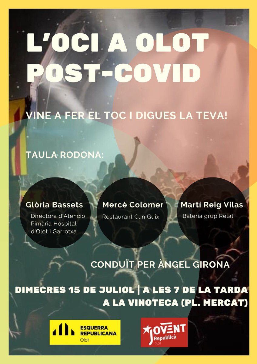 meiusferres's tweet photo. Demà a la tarda a @Olot. Us convidem a parlar de la situació en què es troba la ciutat. 

Com ho han de fer per sortir-se'n restaurants i bars?  

És possible tornar a fer concerts?  

Com ho fem si la gent té por de sortir? 

Què hi diuen les autoritats sanitàries?  

Vindreu? https://t.co/v5PAjxdctS