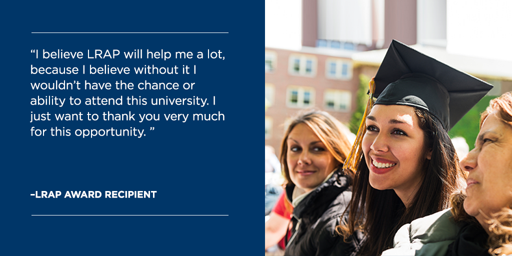 81% of Admissions Directors believe their institution is losing potential applicants due to concerns about accumulating student (and parent) loan debt (IHE, 2019). Reduce loan anxiety with LRAPs! Check out more student testimonials here: ow.ly/xd8d50AupvZ #highered