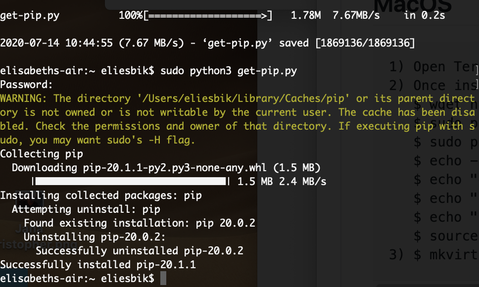 Now, the "wget  https://bootstrap.pypa.io/get-pip.py " appears to work. Yay! And YabbaDabbaDoo, the next step "sudo python3  http://get-pip.py " also ran, although it gave a cryptic WARNING that I am not sure I need to worry about.
