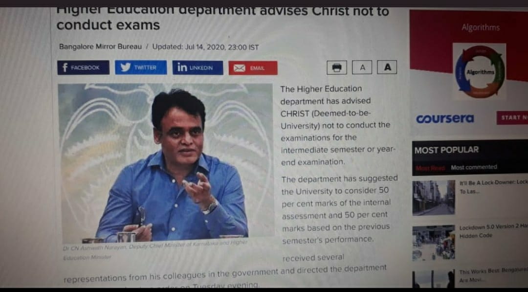 OMRboys's tweet photo. A letter from Ministry of Higher education, Government of Karnataka was send to #christuniversity_cancel_exam but these arrogant mafias sitting in white cloth won't understand the concerns the students, management and the government. Thank you @drashwathcn ji.
#christuniversity https://t.co/1axWvqPm2K