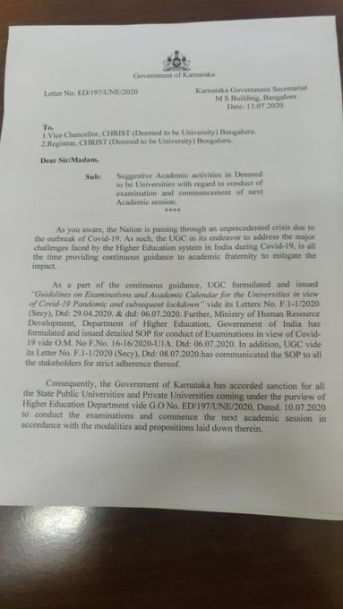 OMRboys's tweet photo. A letter from Ministry of Higher education, Government of Karnataka was send to #christuniversity_cancel_exam but these arrogant mafias sitting in white cloth won't understand the concerns the students, management and the government. Thank you @drashwathcn ji.
#christuniversity https://t.co/1axWvqPm2K