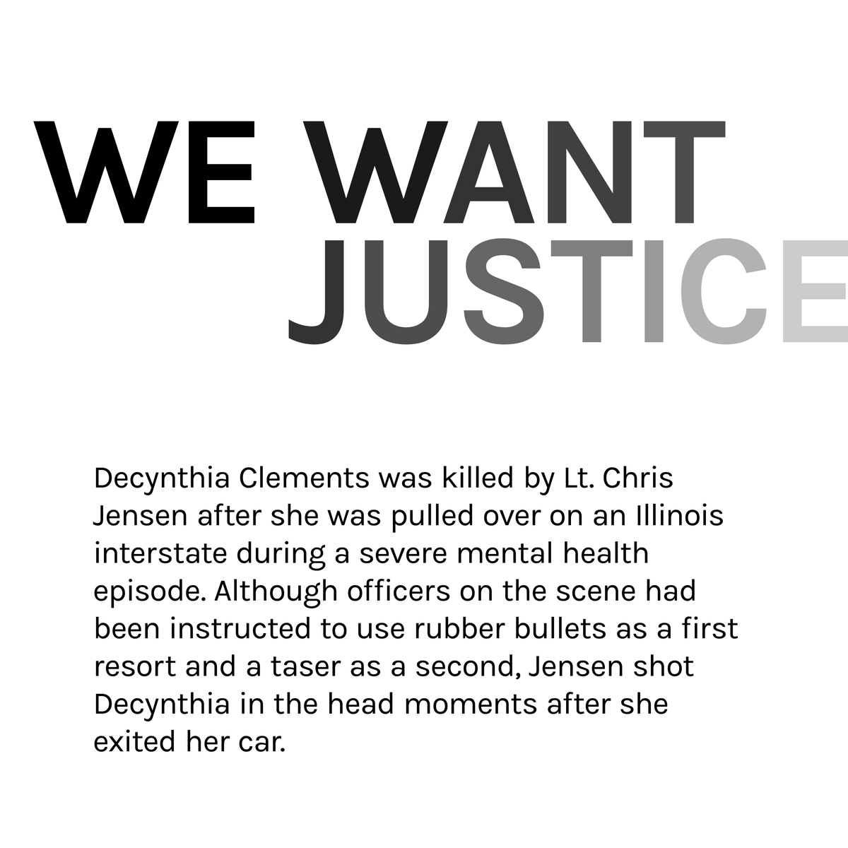 SayTheirName_io's tweet photo. SAY HER NAME: Decynthia Clements.

#DecynthiaClements was shot by Christian Jensen who has faced no disciplinary action since. Decynthia had a known mental health history. Her story is a tragic reminder that police ineptitude during mental health crises often proves fatal.

#BLM https://t.co/iqZnMhofOZ