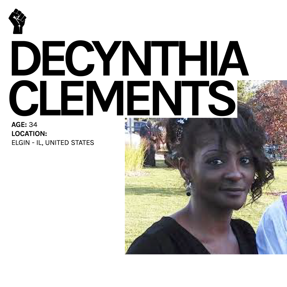 SayTheirName_io's tweet photo. SAY HER NAME: Decynthia Clements.

#DecynthiaClements was shot by Christian Jensen who has faced no disciplinary action since. Decynthia had a known mental health history. Her story is a tragic reminder that police ineptitude during mental health crises often proves fatal.

#BLM https://t.co/iqZnMhofOZ