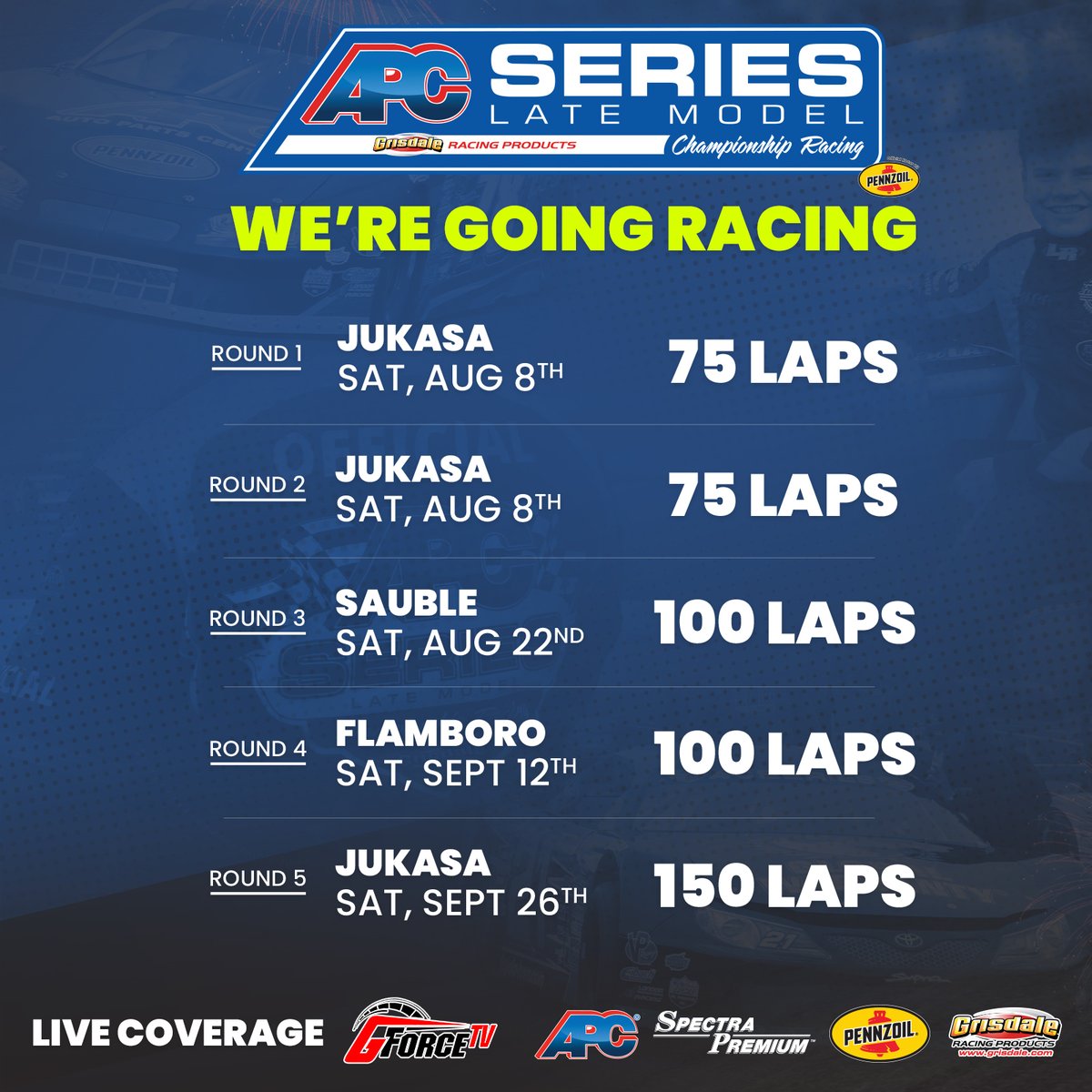 BREAKING NEWS - The APC Series is set to go racing!

Starting on August 8th, the APC Series will kick-off its 2020 season at @JukasaMotor with additional events being held at <a href="/Sauble_Speedway/">SaubleSpeedway.ca</a> and <a href="/FlamboroSpdwy/">Flamboro Speedway</a>

Read more: apcracingseries.com/news?post_id=1…