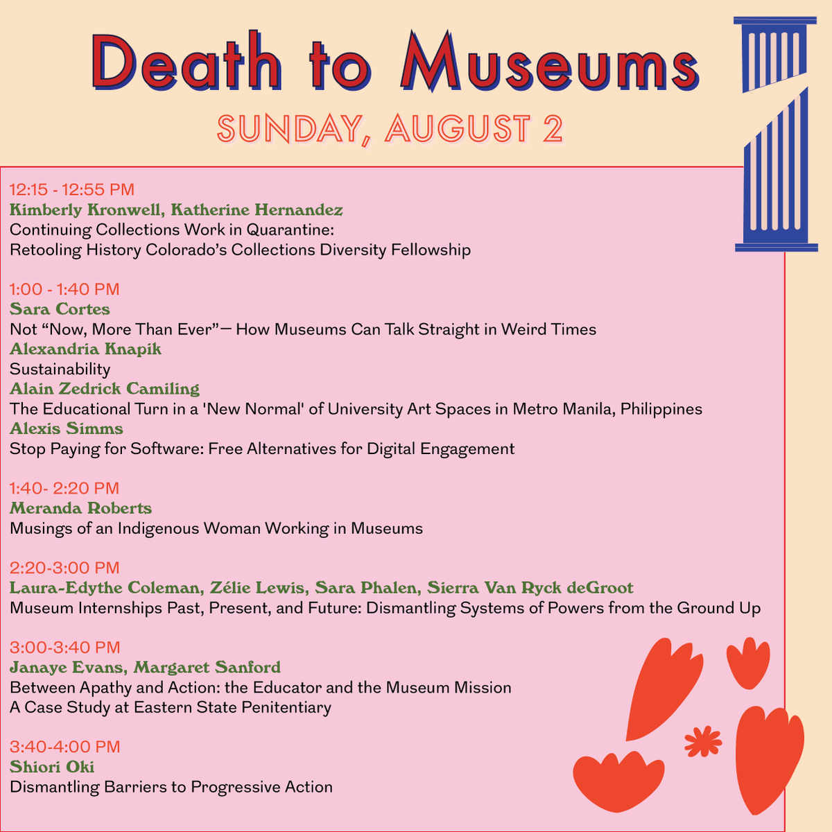 deathtomuseums's tweet photo. We are so excited to announce the schedule for our first meeting on August 1&amp;2! Register at https://t.co/sdWB0cRGtH💫 https://t.co/ZlNCvSXk8w