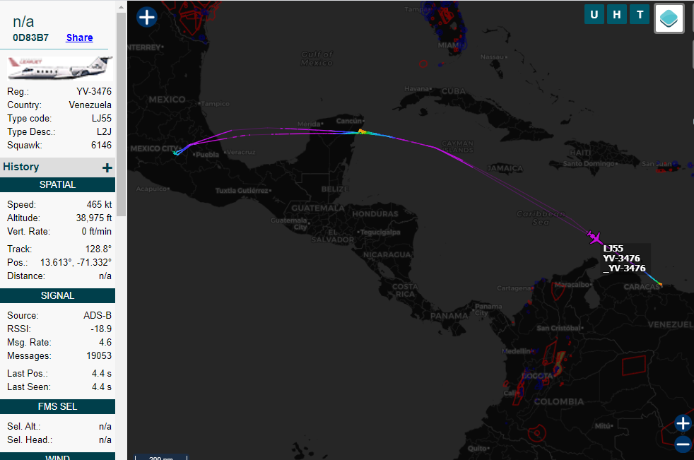 Arr3ch0's tweet photo. Bombardier Learjet 55 #YV3476 salió ayer de #Venezuela a Toluca, México vía Cozumel y ta está aproximándose a FIR Maiquetía, al Norte de Maracaibo en dirección Sureste. https://t.co/zz5qAgLyxO
