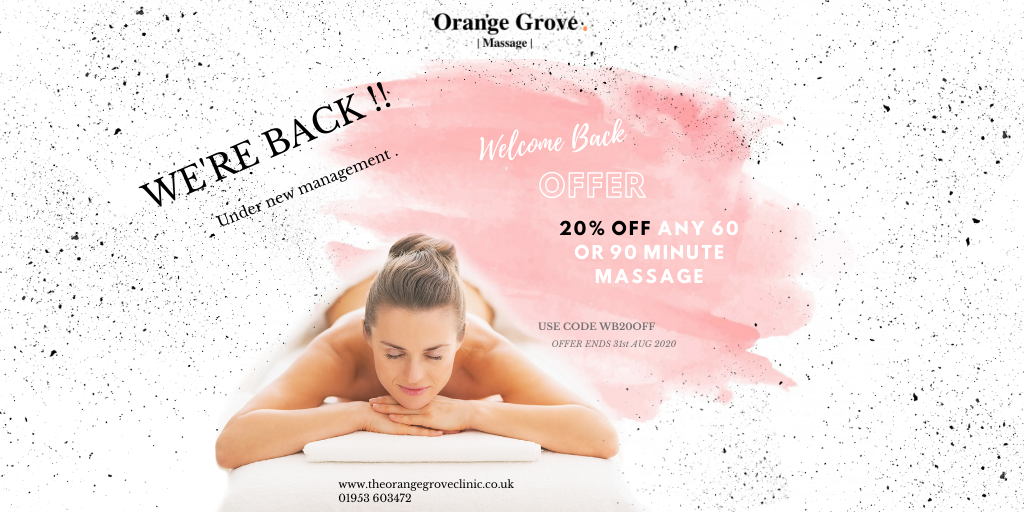 Book Your Massage Now. 

We are so pleased to say the bookings have been flooding back in. Visit theorangegroveclinic.co.uk and look at our fantastic massages. Don't forget your 20% off code. WB20OFF. 

#offer #massage #theorangegrove