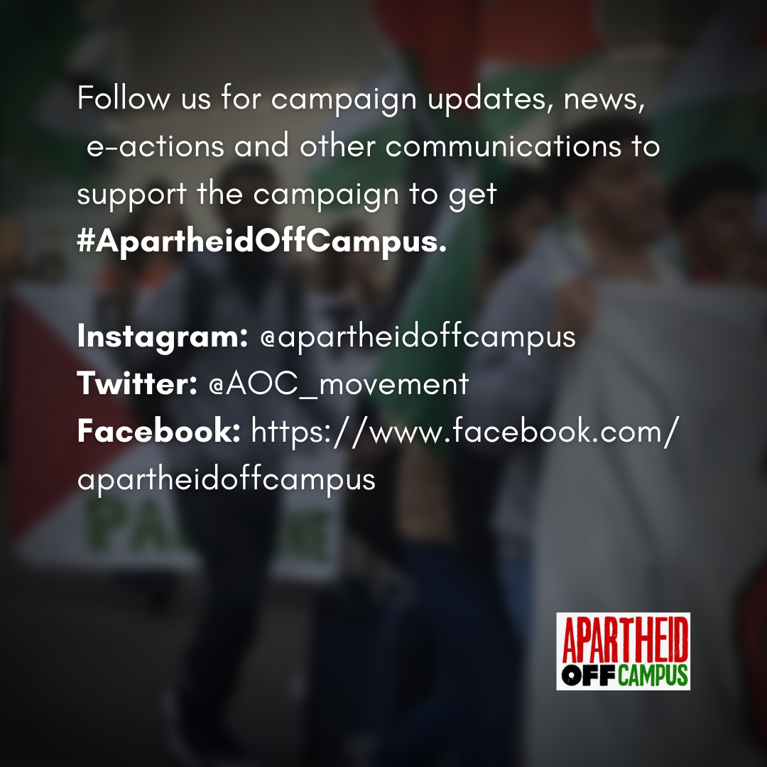 AOC_movement's tweet photo. Our universities are complicit in the oppression of the Palestinian people by holding investments &amp; partnerships with companies &amp; institutions which uphold &amp; maintain Israel's apartheid regime.

Stay up to date by with our HUJ campaign and join us in kicking #ApartheidOffCampus https://t.co/VFuxyjPvtj