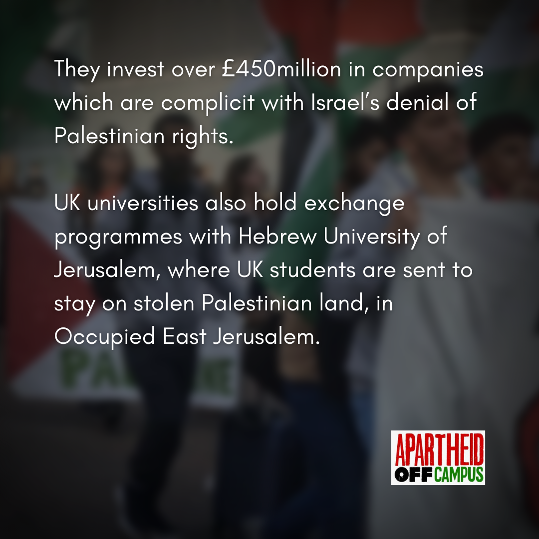AOC_movement's tweet photo. Our universities are complicit in the oppression of the Palestinian people by holding investments &amp; partnerships with companies &amp; institutions which uphold &amp; maintain Israel's apartheid regime.

Stay up to date by with our HUJ campaign and join us in kicking #ApartheidOffCampus https://t.co/VFuxyjPvtj