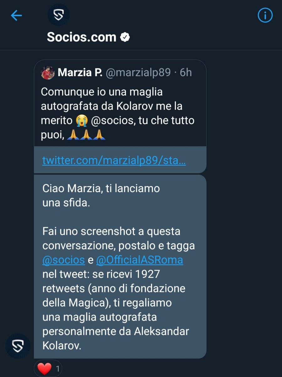 marzialp89's tweet image. Popolo giallorosso e non, @socios  mi ha lanciato una sfida ed io ho bisogno di voi per vincere. Aiutatemi a raggiungere 1927 RT a questo tweet. 
3,2,1 start 💛❤🐺 @OfficialASRoma