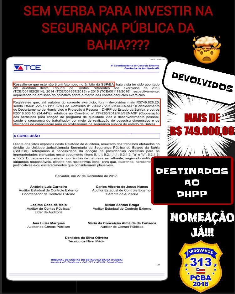 formadospcba's tweet photo. Dinheiro não é problema para o Estado da Bahia!! A Sociedade merece mais importância. Não se pode continuar negligenciando a segurança pública dessa forma! #nomeiaruipcba https://t.co/0sa4lWmSOx