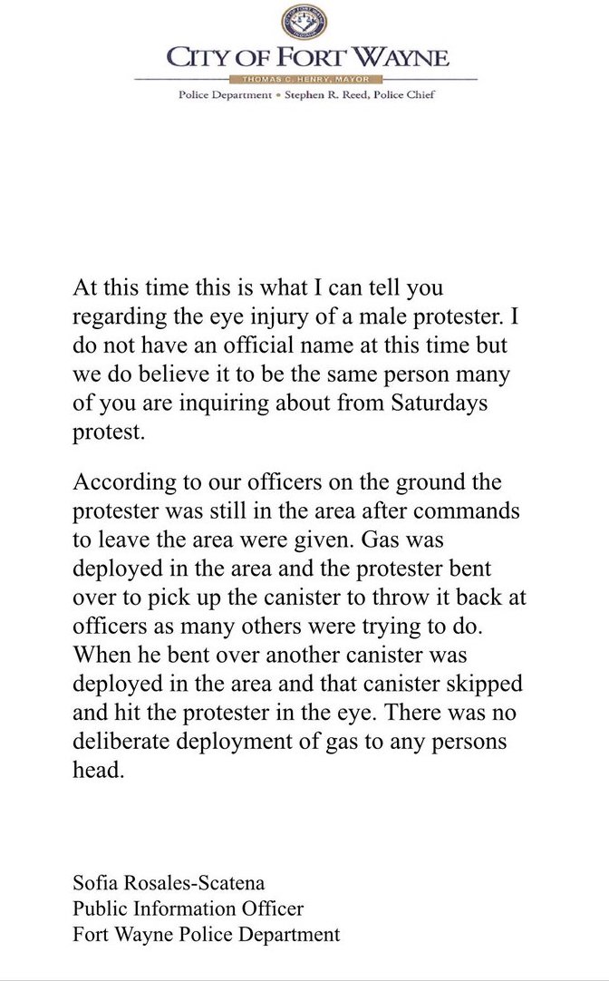 2/ Fort Wayne Police Department quickly blamed Brake for his own injury. It alleged that he was hit while bending down to grab a gas canister to throw it back at officers. It said a canister “skipped” before hitting him.