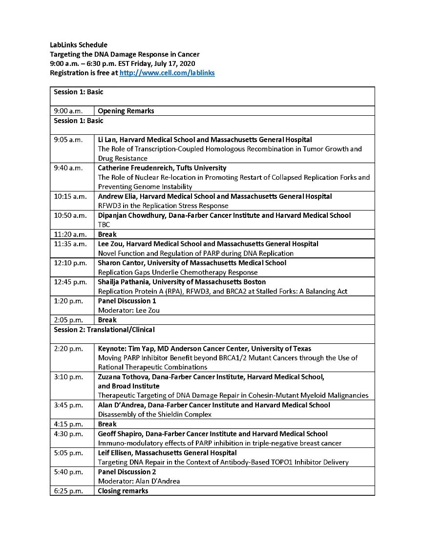 MolecularCell's tweet photo. Check out the full schedule for our first virtual LabLinks "Targeting the DNA Damage Response in Cancer" taking place this Friday. Register now (it's free). https://t.co/hxXdTErdwm https://t.co/ynwWijq1Ix