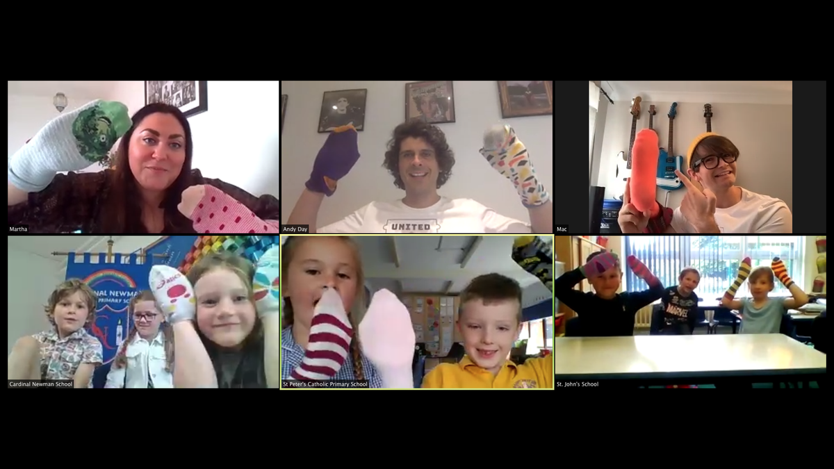 ABAonline's tweet photo. We just had another lovely Zoom call with 
@andyoddsock @AndyDayTV and pupils from @StJohns1856, @SMSPGorleston and Cardinal Newman School helping us plan for Odd Socks Day this Anti-Bullying Week.

#antibullyingweek #oddsocksday #unitedagainstbullying https://t.co/NUijnix18a