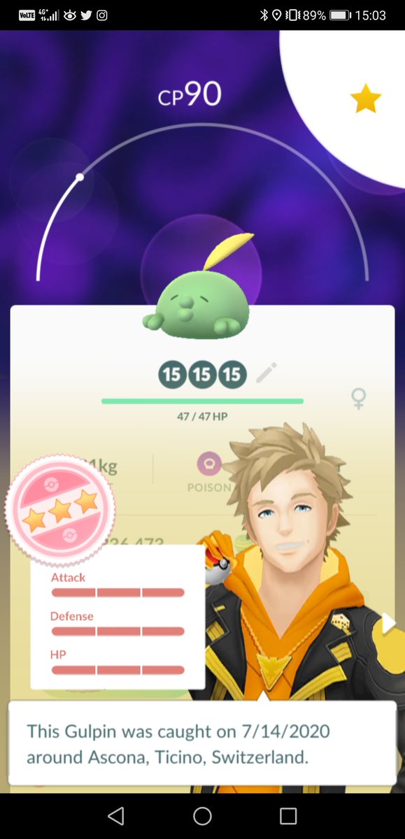 ZzRamonLPzZ's tweet photo. Wow🤩
Random #hundo catch!
+1 #Gulpin
1340m above sea level
here in #Cardada!
Time for "mangiare" 😋
#PokemonGo https://t.co/Zwr3ZmBN5x