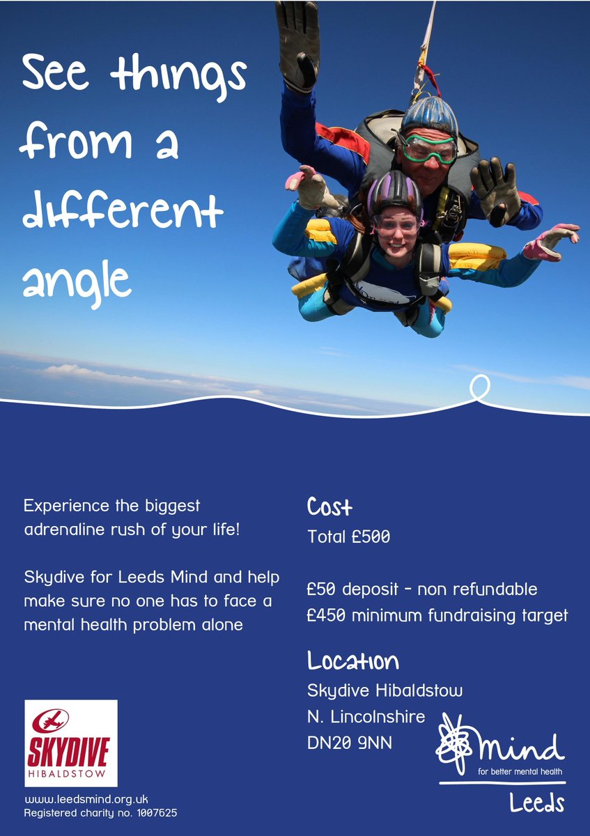 In line with government & the British Parachute Ass. guidelines skydiving has recommenced

Is jumping out of a plane on your bucket list?  Why not do something amazing whilst raising funds for Leeds Mind. For more info contact gemma.green@leedsmind.org.uk

  #LeedsMindTogether