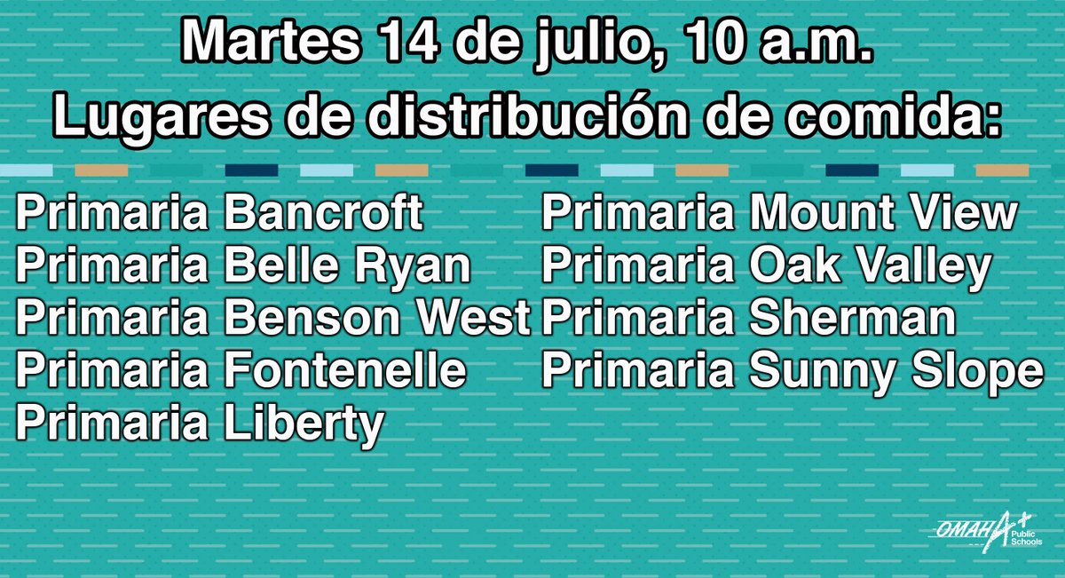 Omaha Public Schools (@omahapubschool) on Twitter photo Tuesday, July 14th meal distribution sites are at the following locations beginning at 10 a.m.:
<a href="/OPS_Bancroft/">Bancroft Elementary</a>, <a href="/OPS_BelleRyan/">Belle Ryan Elementary</a>, @BenWestElem, <a href="/Fontenelle_OPS/">Fontenelle Elem.</a>, <a href="/OPS_Liberty/">Liberty Elementary</a>, <a href="/OPS_MountView/">Mount View Elementary</a>, <a href="/OakviewElem/">Oakview Elementary</a>, <a href="/OPS_Sherman/">Sherman Elementary</a> and <a href="/ops_sunnyslope/">sunnyslope</a>. Tuesday, July 14th meal distribution sites are at the following locations beginning at 10 a.m.:
<a href="/OPS_Bancroft/">Bancroft Elementary</a>, <a href="/OPS_BelleRyan/">Belle Ryan Elementary</a>, @BenWestElem, <a href="/Fontenelle_OPS/">Fontenelle Elem.</a>, <a href="/OPS_Liberty/">Liberty Elementary</a>, <a href="/OPS_MountView/">Mount View Elementary</a>, <a href="/OakviewElem/">Oakview Elementary</a>, <a href="/OPS_Sherman/">Sherman Elementary</a> and <a href="/ops_sunnyslope/">sunnyslope</a>.