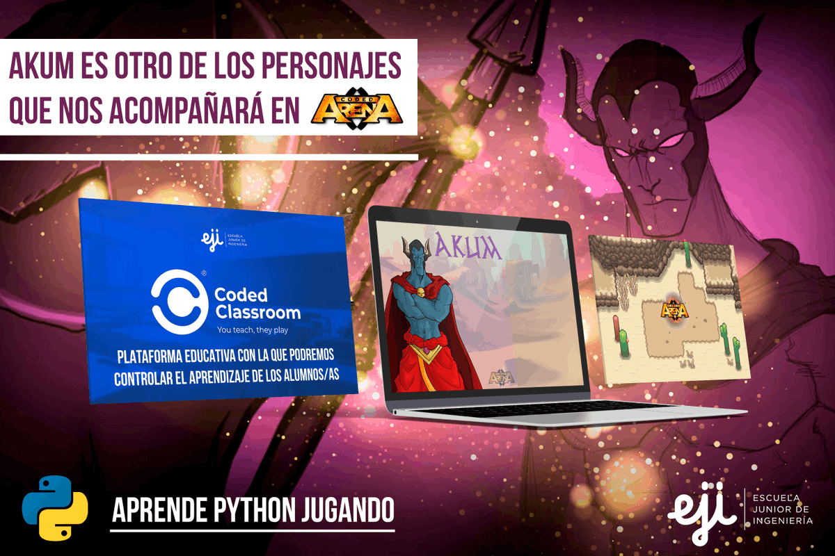 esingenieria_jr's tweet photo. 👾 Hoy os presentamos a #Akum.
🕹 Otro de los personajes que nos acompañarán en #CodedArena.
👩💻 Los alumnos/as aprenderán #Python, el mismo lenguaje de programación que utilizan los profesionales. https://t.co/V0HpX3kJCH