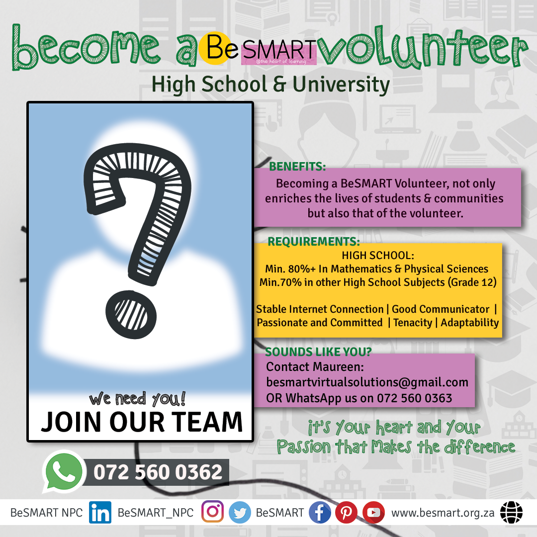 BeSMART_NPC's tweet photo. WE ARE HIRING - APPLY NOW!
Volunteering opportunity to contribute to the academic development of students around your community and the country at large.
#BeSMART #DigitalLearning #AtTheHeartOfLearning #BeSMARTWeAreHiring https://t.co/Fbde2S7y4n