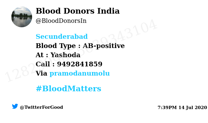BloodDonorsIn's tweet photo. #Secunderabad 
Need #Blood Type :  AB-positive
At : Yashoda
Blood Component : Need Plasma from AB+ve #COVID19 recovered patient.
Primary Number : 9492841859
Via: @pramodanumolu
#BloodMatters
Powered by Twitter https://t.co/xFzABFfa8R