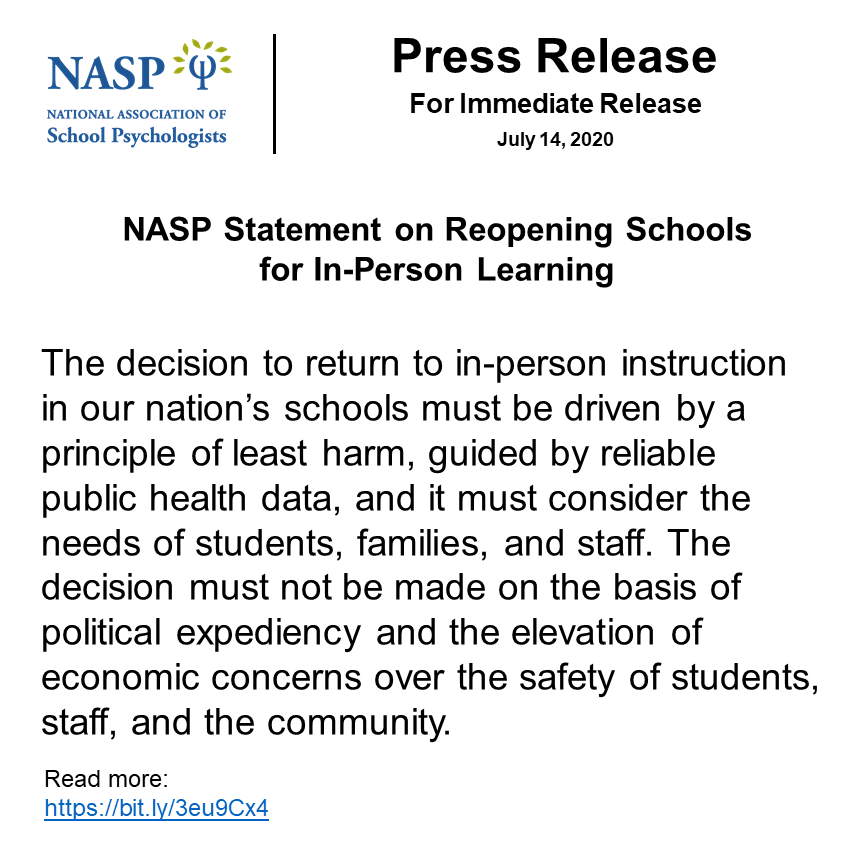 Much uncertainty remains regarding the safe return of students and staff to school in the fall. Our statement, "Reopening Schools for In-Person Learning" provides multiple considerations for returning to in-person instruction: bit.ly/3eu9Cx4

#NASPadvocates #NASPprepared