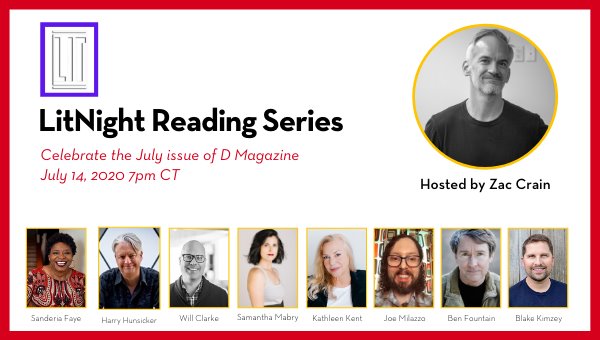 LoneStarLit's tweet photo. 2day 7pm @LitnightDallas: @SanderiaFaye &amp; @zaccrain  host local authors reading #shortstories they wrote for @DMagazine, including @kathleenkent214 @BlakeKimzey @josephmilazzo98 @samanthamabry @iwillclarke @HarryHunsicker https://t.co/NsFxKiSqk5 #DFW FACEBOOK LIVE
#LoneStarLit https://t.co/VW1EWzQ3aC