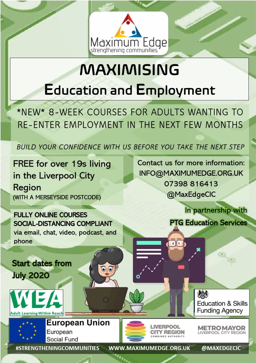 MaxEdgeCIC's tweet image. RECRUITING NOW: Free courses for over 19s to get into education or employment.  Thanks to @WEANW @ESFAgov #LiverpoolCityRegion #StrengtheningCommunities All details on the posters

Please like and share.  Thank you! 👍
