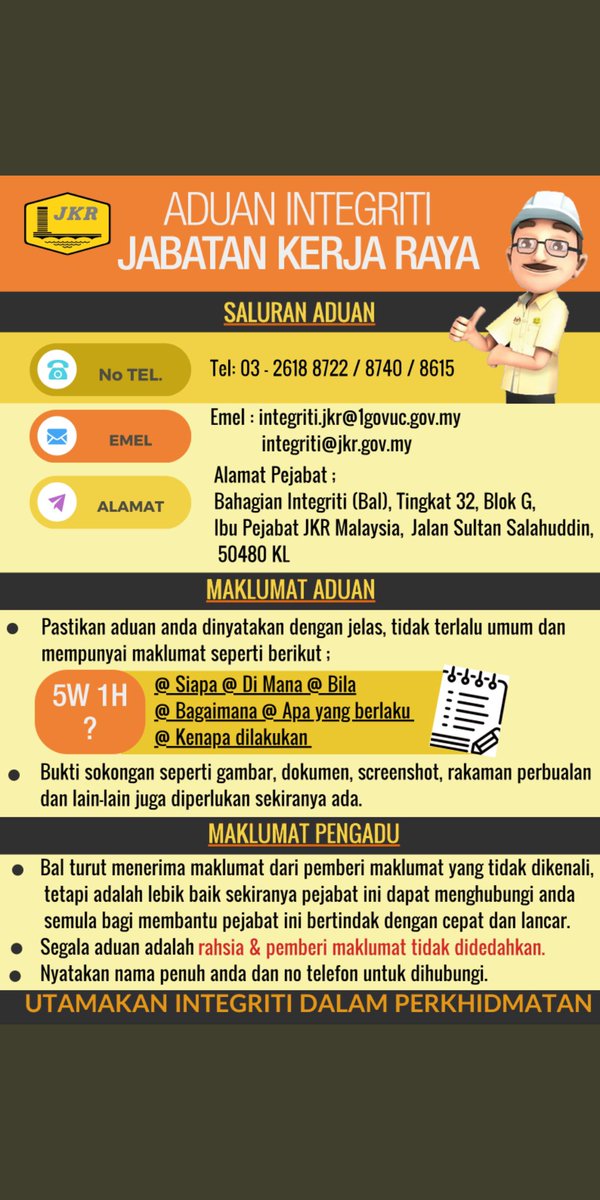 JKR amat berpegang teguh kepada nilai integriti kakitangan dalam menyampaikan perkhidmatannya.

Sekiranya anda mempunyai maklumat mngenai perbuatan salahlaku yang menyalahi etika/integriti melibatkan kakitangan JKR, salurkan aduan secara rasmi ke Bahagian Integriti, JKR Malaysia.