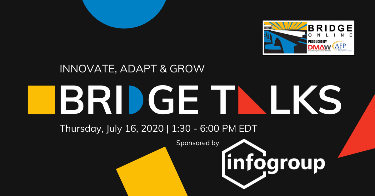 BridgeConf's tweet photo. Thanks to our #BRIDGETalks sponsor @infogroup for helping us provide you 15-min, laser-focused sessions showcasing hot industry issues and insightful case studies. Register: https://t.co/I7Iy9BwTxL #BridgeOnline2020 https://t.co/ZI5VJ83o36